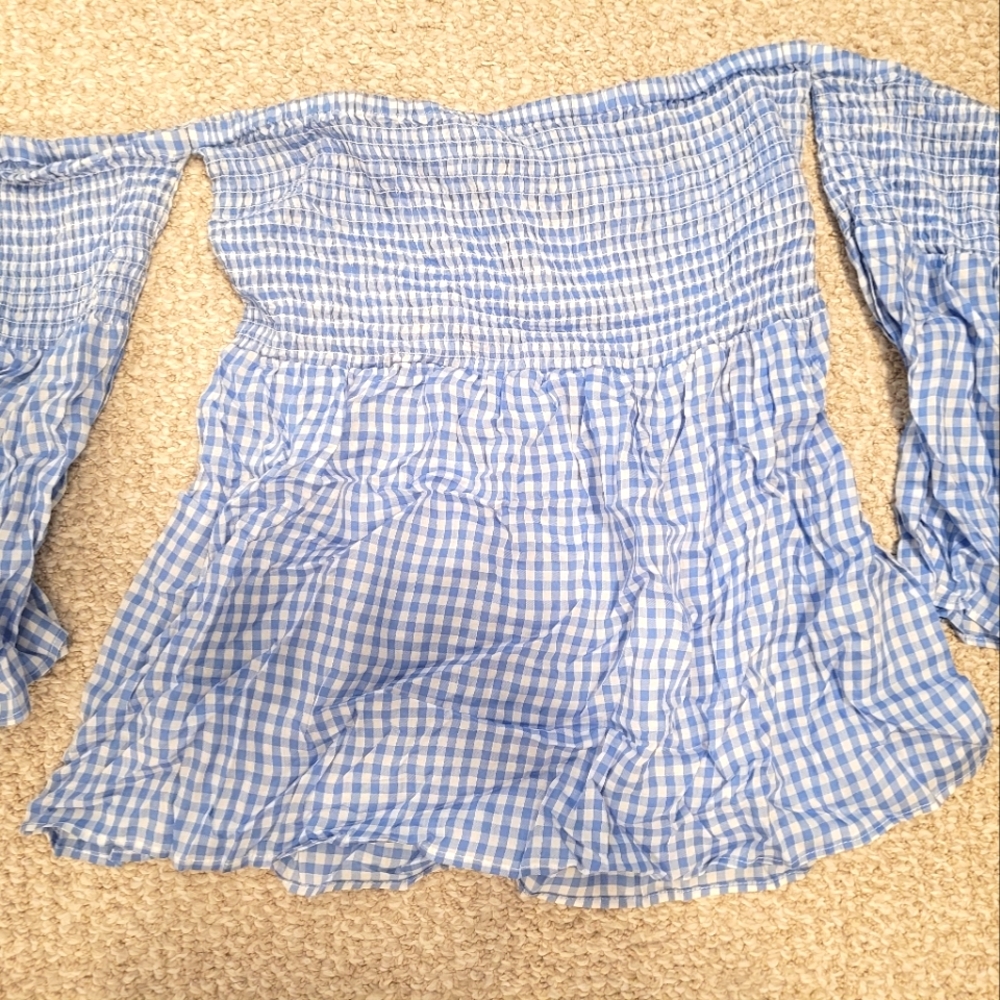 Blue Gingham Off-Shoulder Top